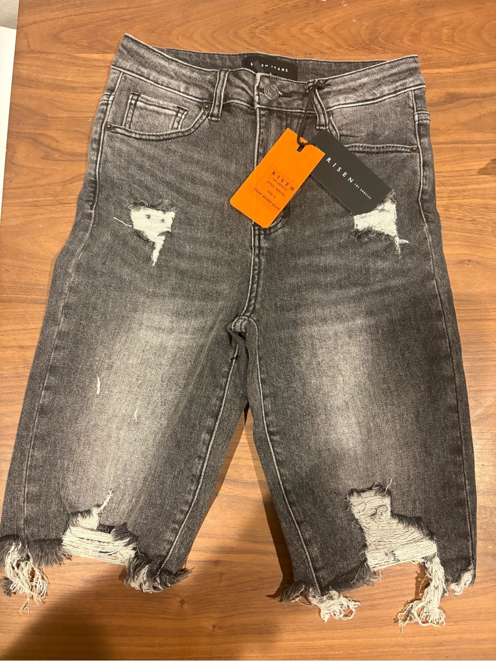 Risen High-Rise Distressed Black Denim Bermuda Shorts